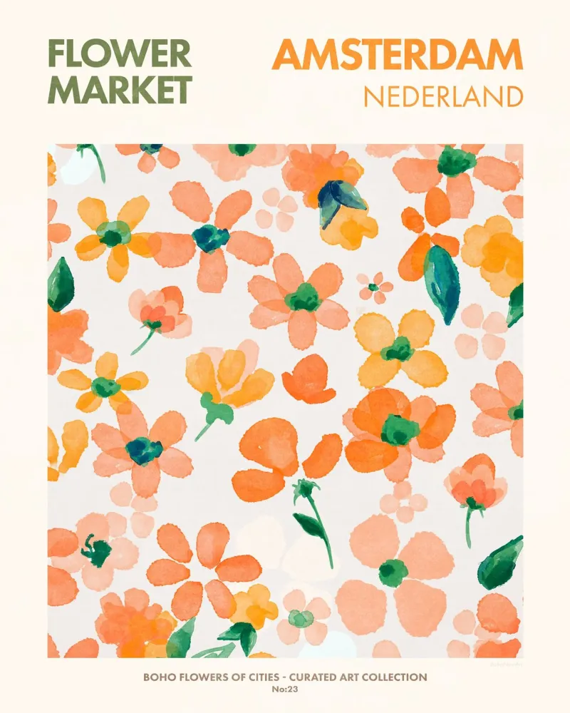 Amsterdam-Mercato dei fiori poster con telaio in legno da Emel Tunaboylu