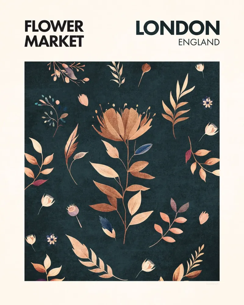Londra - Mercato dei fiori poster con telaio in legno da Emel Tunaboylu