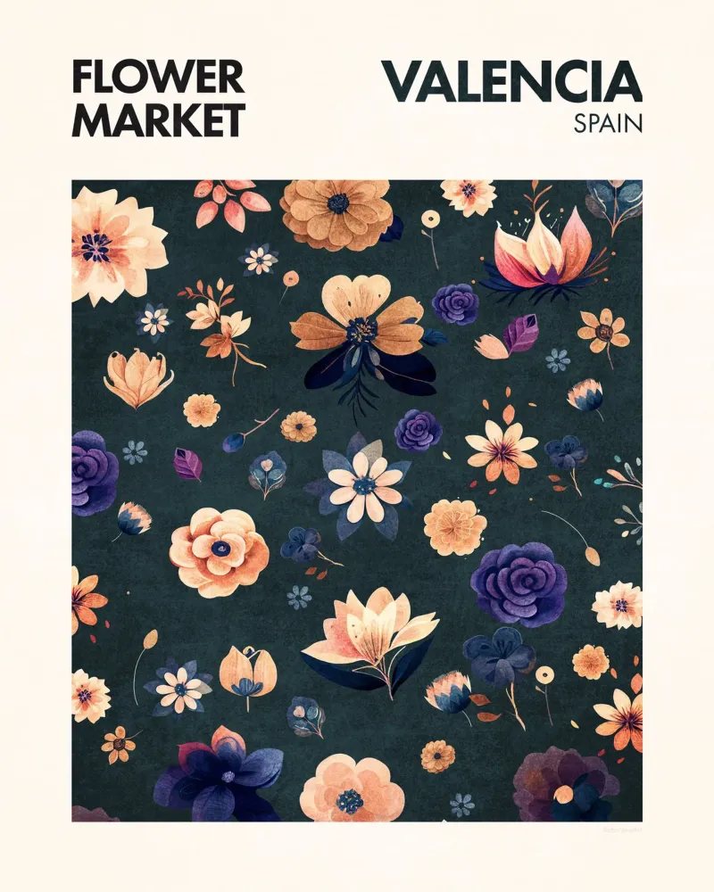 Mercato dei fiori - Valencia poster con telaio in plastica da Emel Tunaboylu