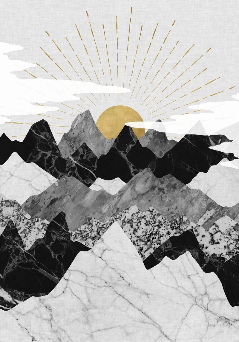 Goldener Sonnenaufgang über Marmorberge - Abstrakte Landschaft Poster von kookiepixel