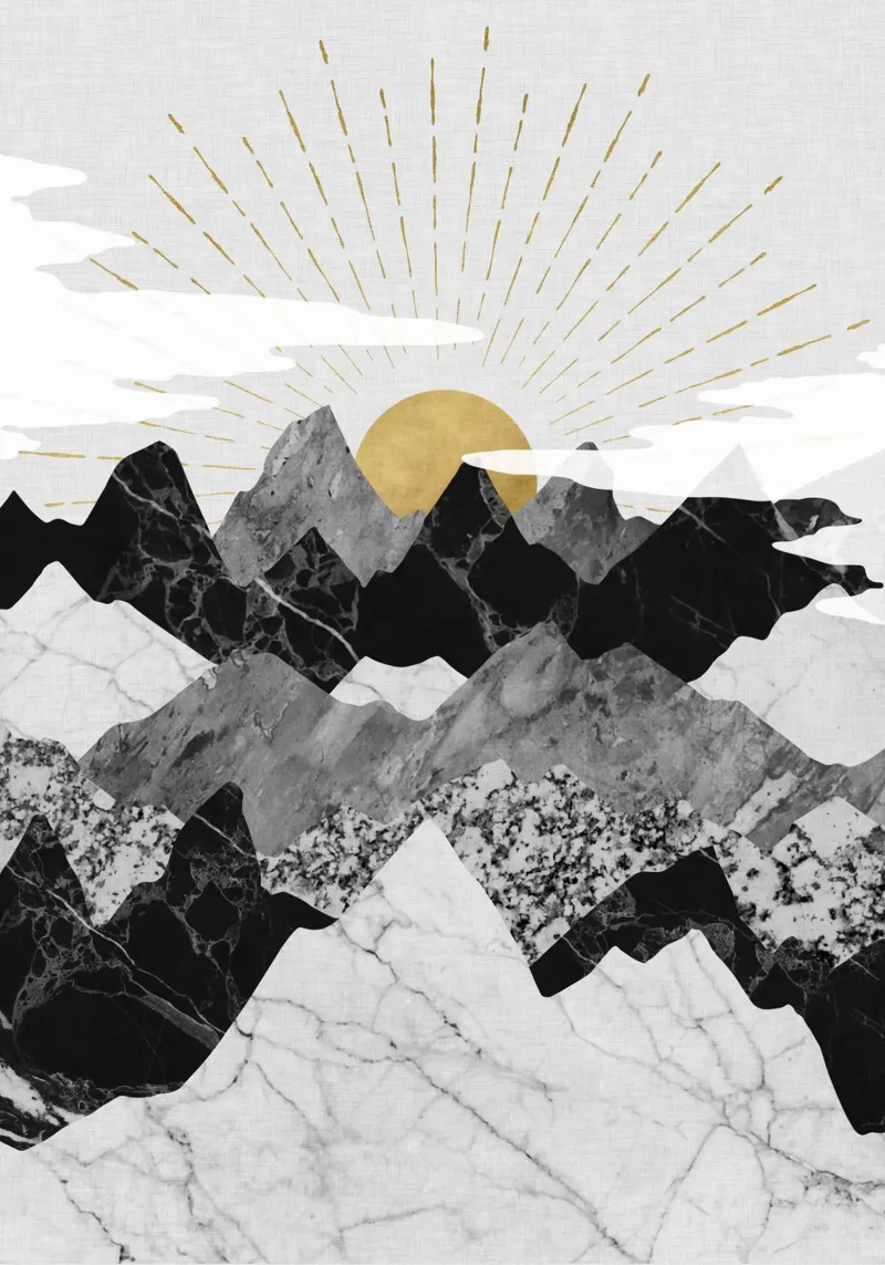 Gouden zonsopgang over marmeren bergen - Abstract landschap canvas met Baklijst van kookiepixel