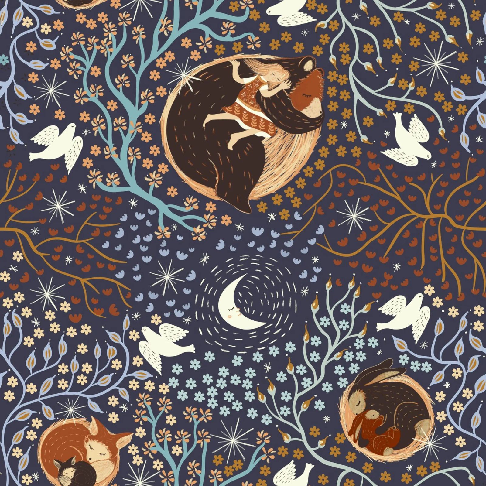 Dreamy Night Pattern: Sleeping Animals, Moon, Stars, magic Poster von Studio Patruschka