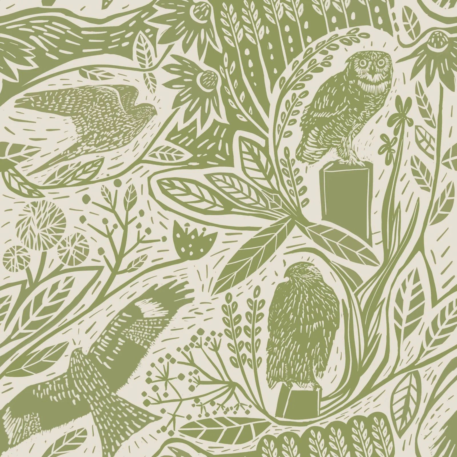 Raubvögel im Linolschnitt: Falken, Eulen, Blumen und Gräser in M Poster von Studio Patruschka