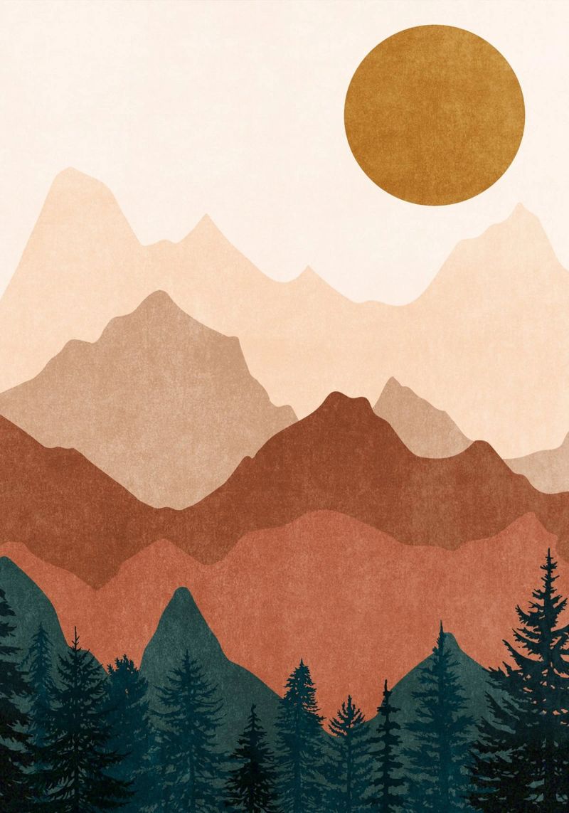 Minimalist Sunset Mountain Peaks with Sun - Set of 2 Part 2 poster with aluminum frame by kookiepixel