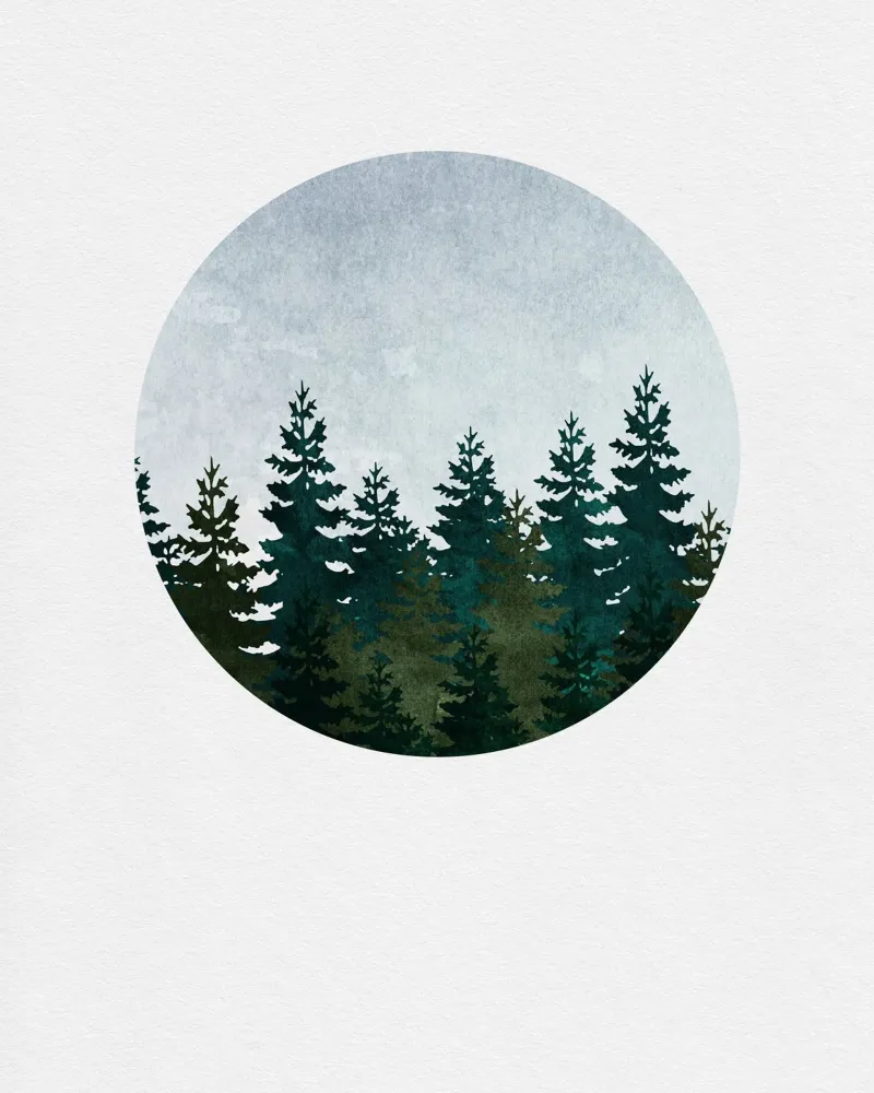 Minimalist Evergreen Trees Art - Nature Circle Wall Print alu-dibond by kookiepixel