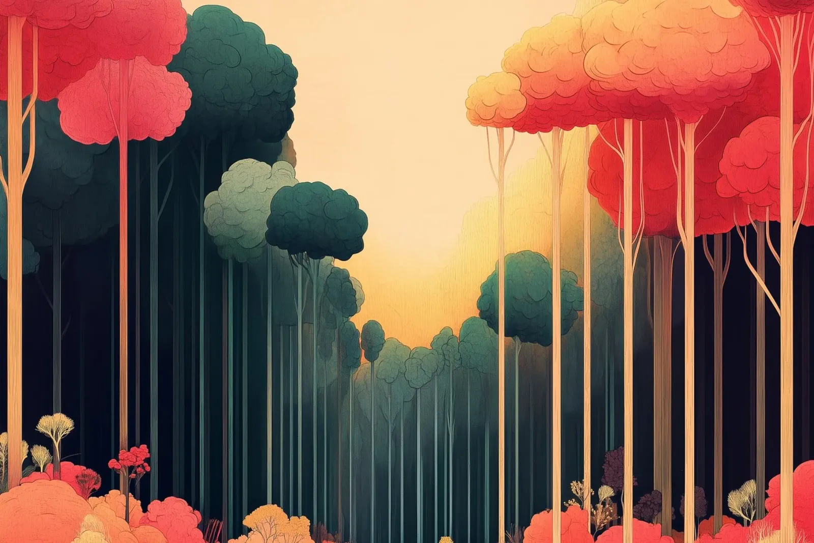 Illustrazione surreale di una foresta colorata alluminio dibond da Little Things
