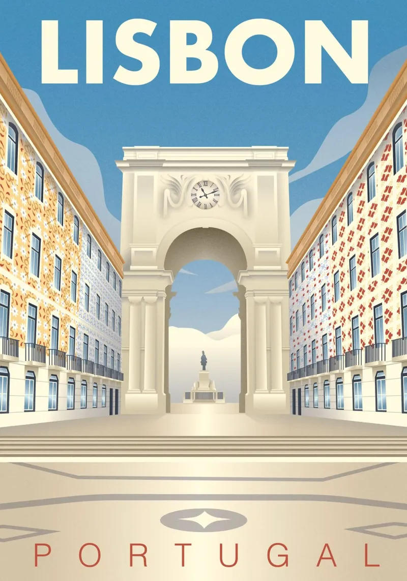 Scena stradale di Lisbona Augusta poster da Charnwood Prints