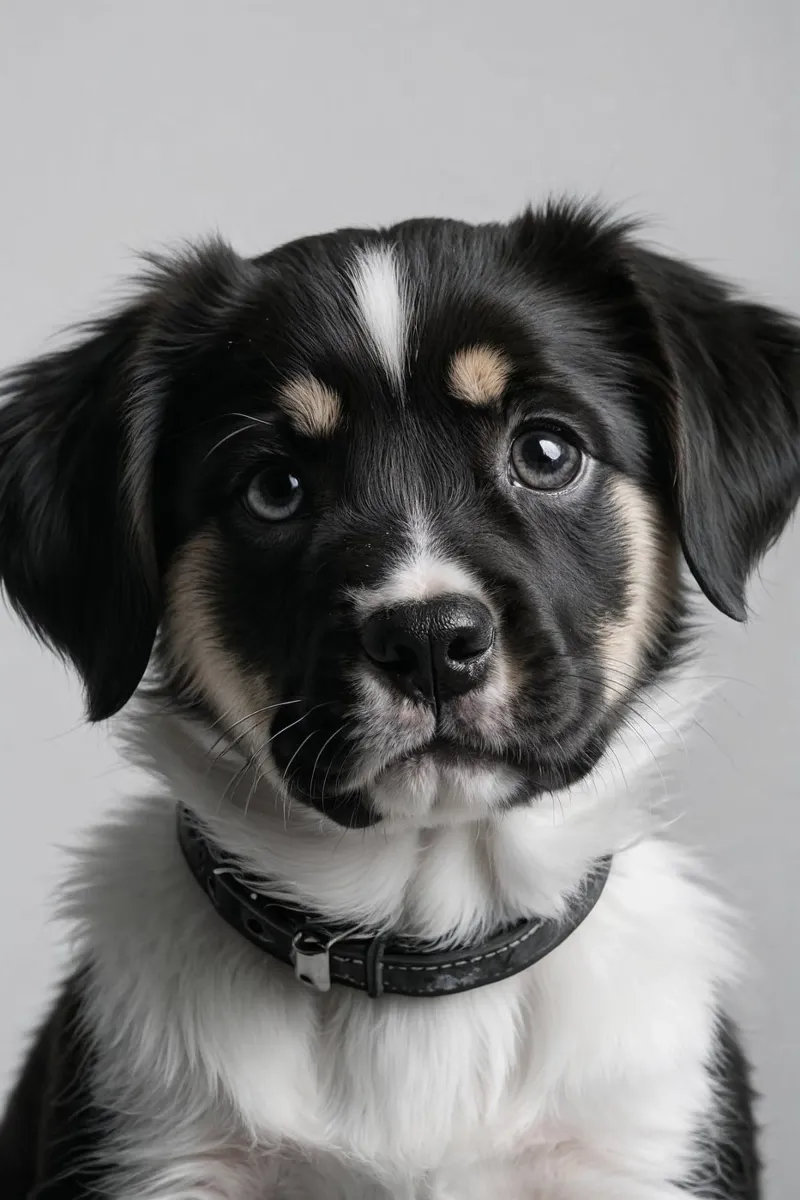 Portrait d'un jeune chiot noir et blanc | Oeuvre 45 poster de Paws & Portraits