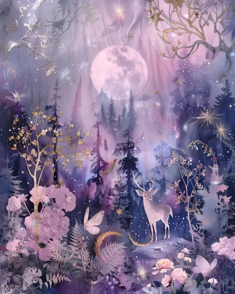 Inverno Luna Piena Foresta Celeste Magico Bianco Natale poster con telaio in alluminio da Gentle Echoes Art