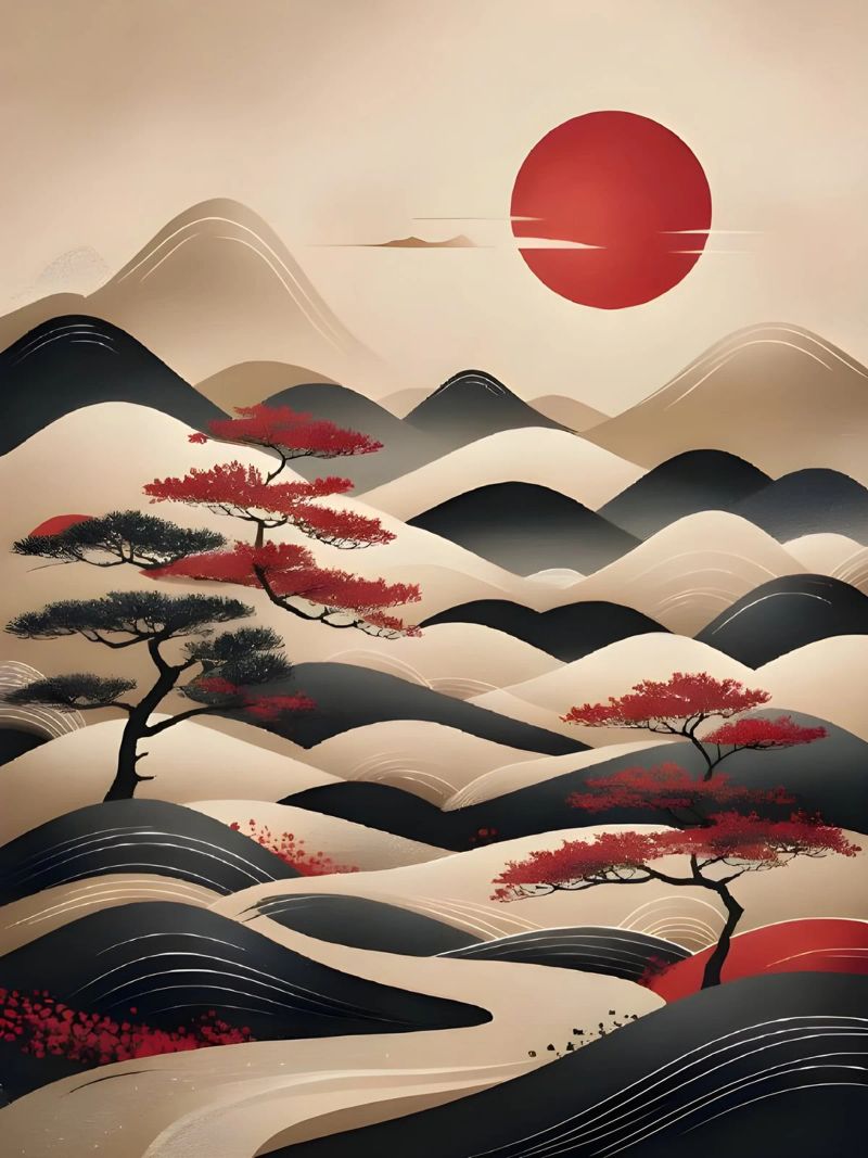 Zen Zonsopgang: Een vredig Japans berglandschap poster van Artistic-shop