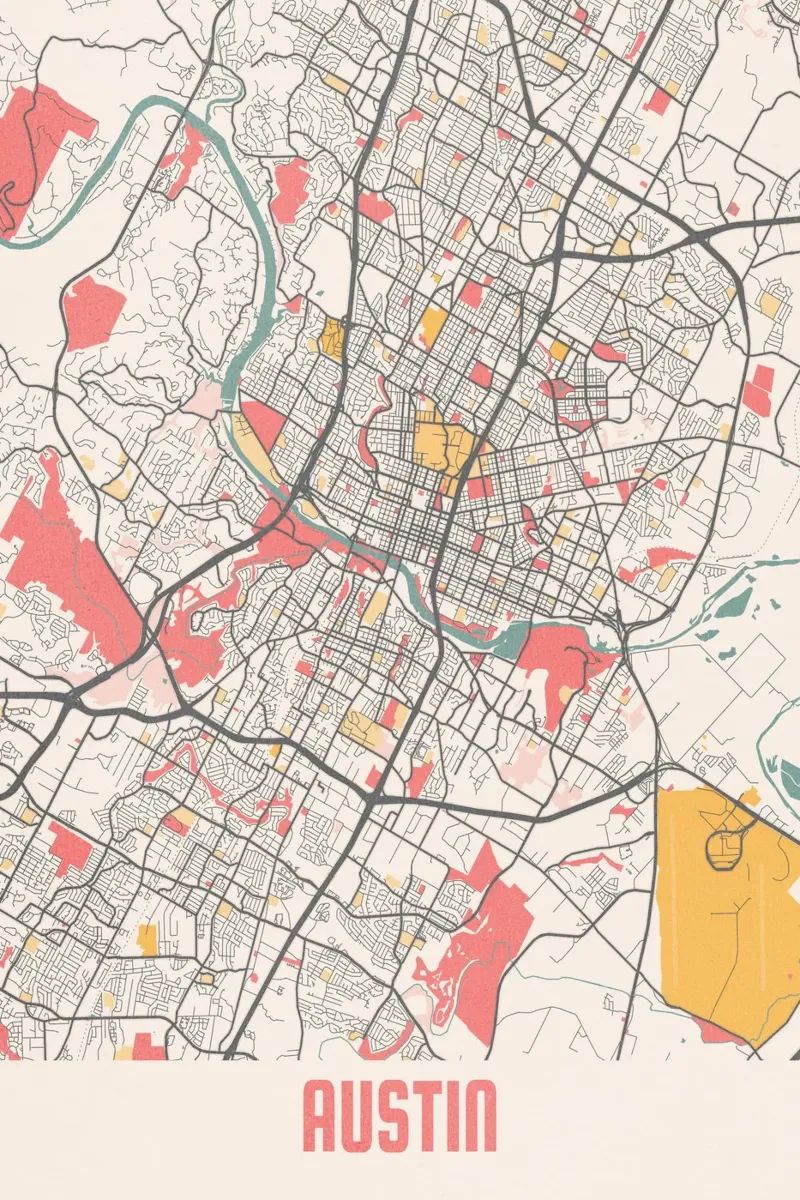 Mappa della città di Austin - Stampa d'arte elegante | FineArt Print poster con telaio in legno da MOOODZART