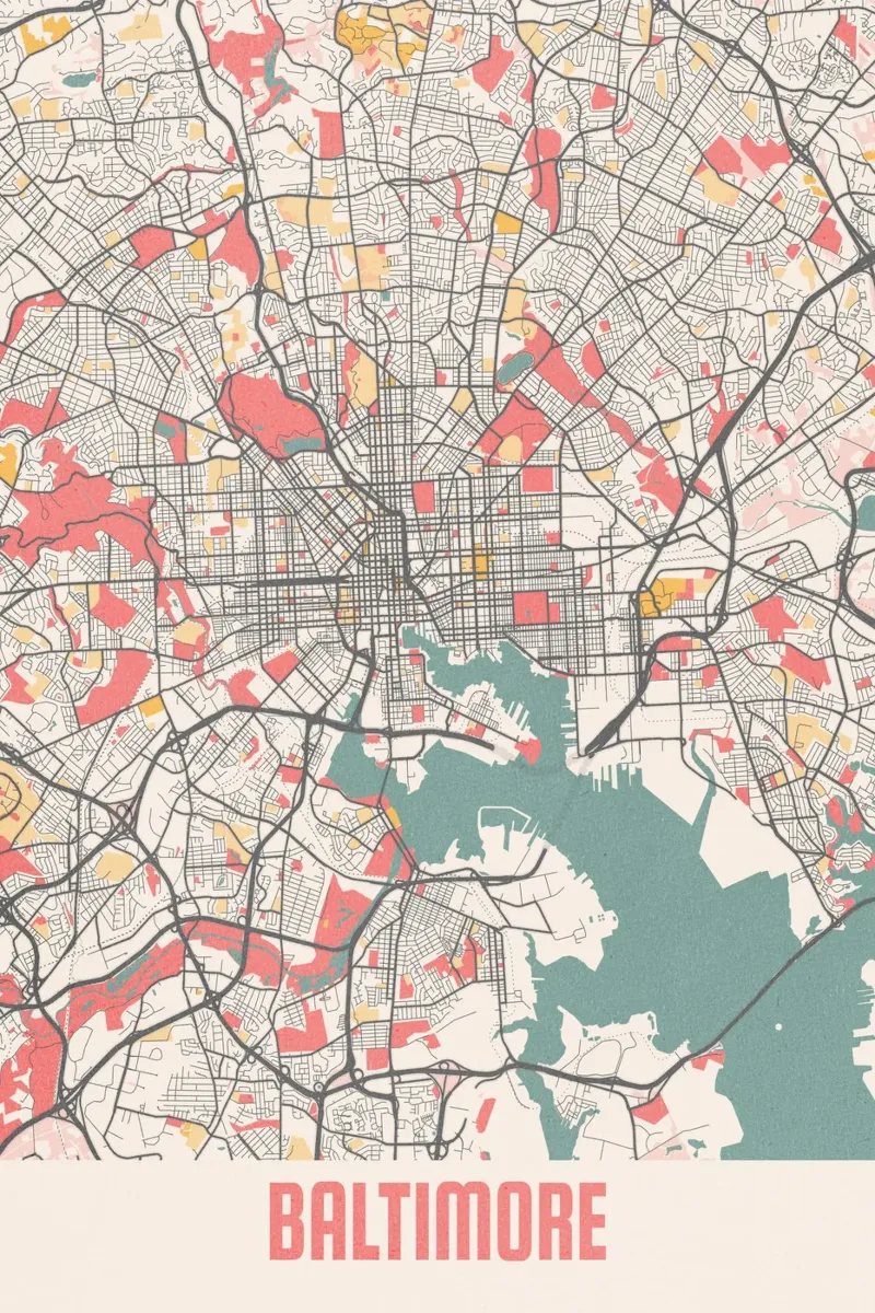 Baltimore City Map - Stijlvolle kunstdruk | FineArt Print canvas met Baklijst van MOOODZART