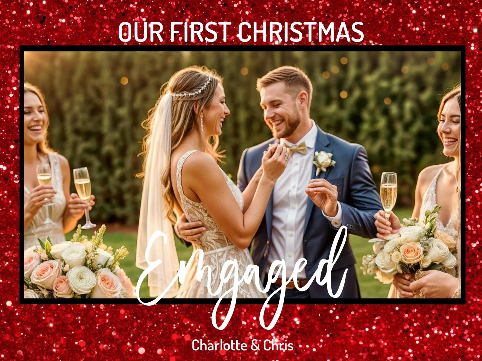 Our First Christmas Engaged Personalized Couple Photo Name canvas with Floater frame by Shark Printables