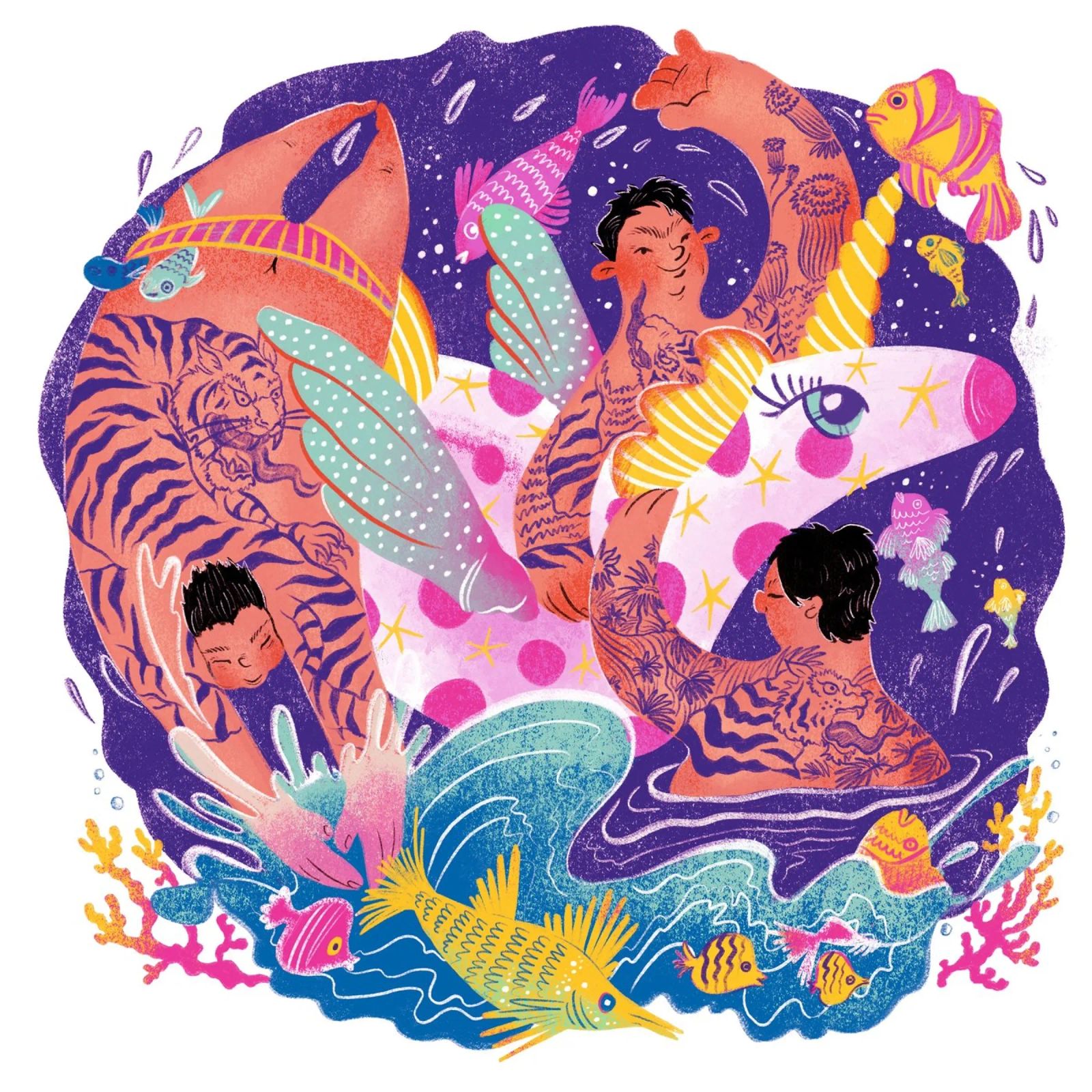 Three brothers and a unicorn float Poster von Moira Scicluna Zahra