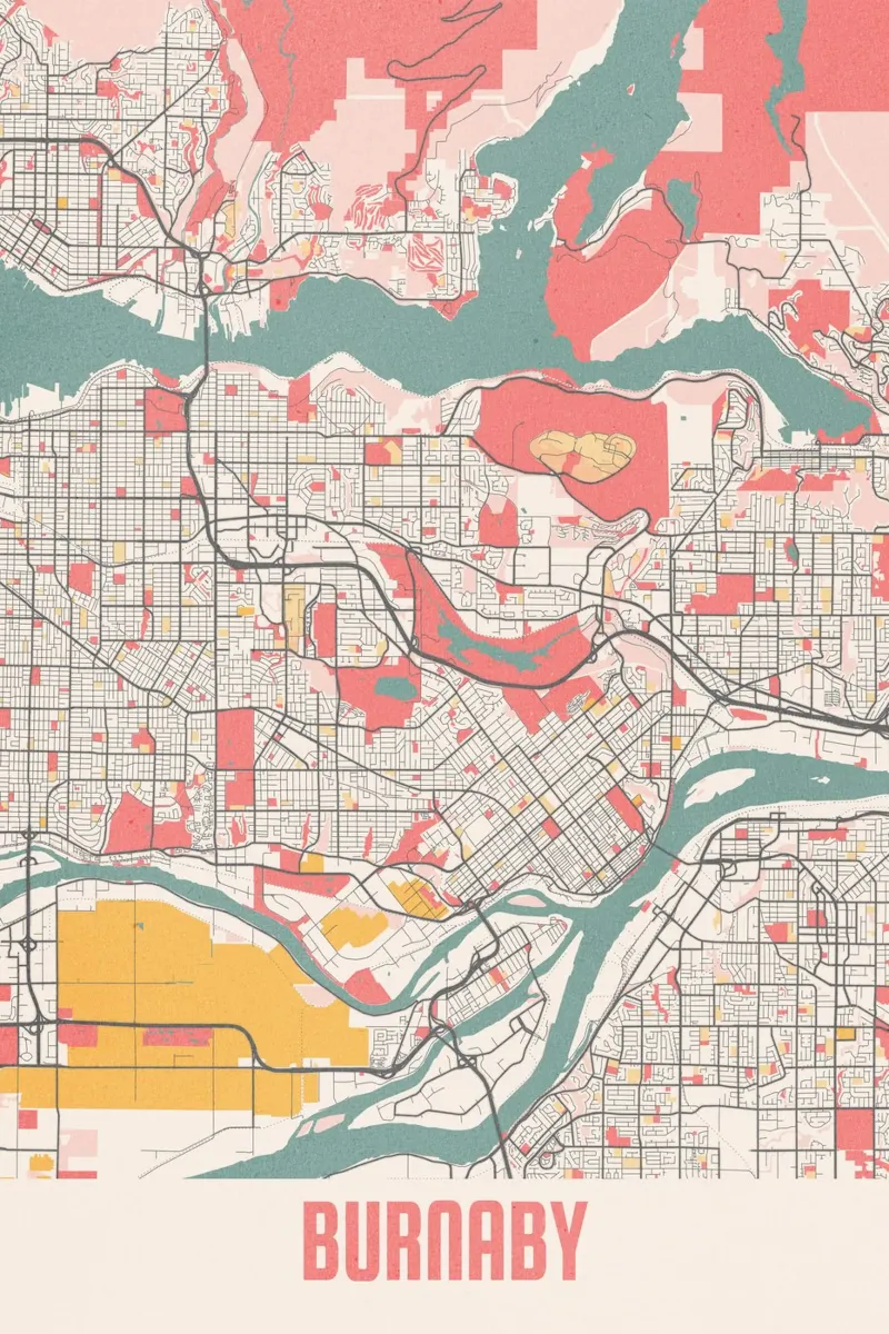 Mapa de la ciudad de Burnaby - Impresión artística con estilo | FineArt Print poster con marco de plástico de MOOODZART