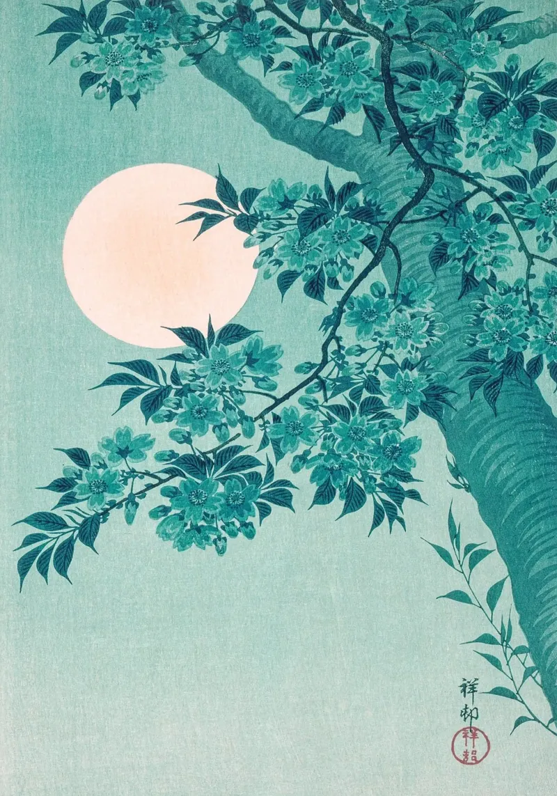 Serenità dei ciliegi in fiore al chiaro di luna poster con telaio in alluminio da Artistic-shop