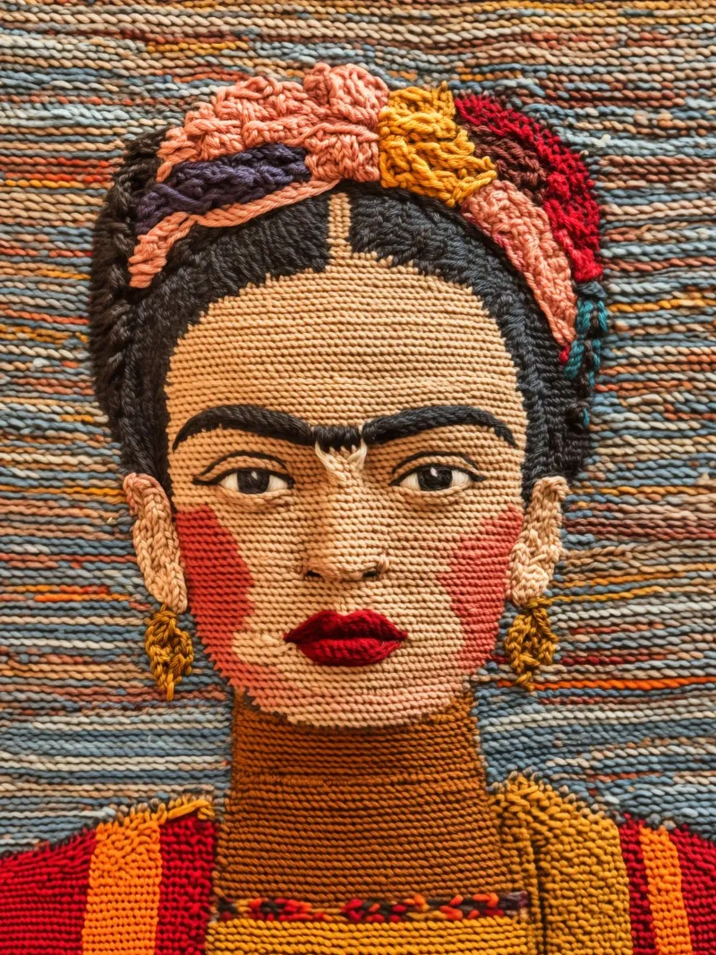 Frida Kahlo ritratta mentre lavora a maglia con i colori dell'autunno poster con telaio in alluminio da Autofocus