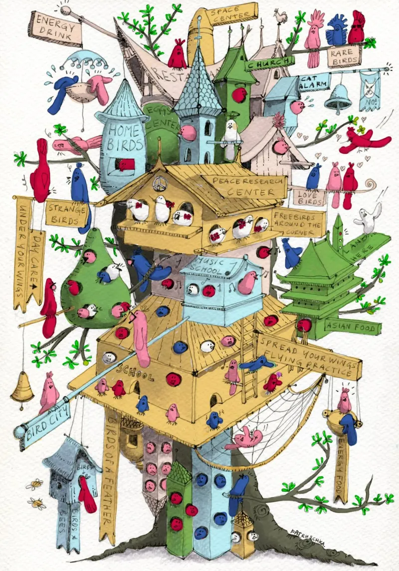 Bird City: Fun Ink Drawing of Birdhouses – birdlover gift poster with wooden frame by Studio Patruschka