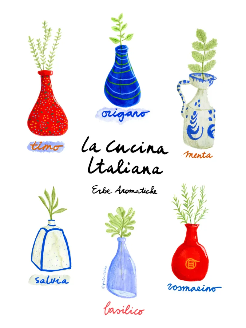 Italian kitchen Basil, Oregano, Mint, Rosemary, Sage, Thyme poster with wooden frame by Studio Patruschka