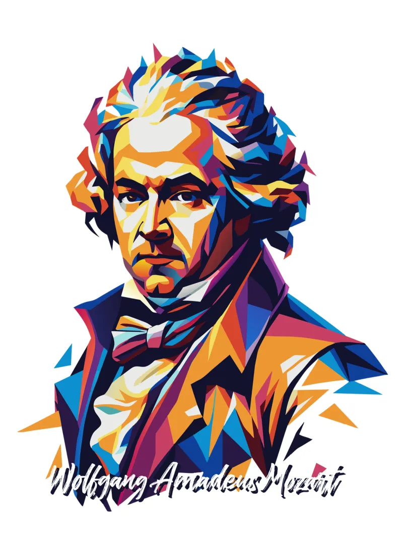 Wolfgang Amadeus Mozart in WPAP Pop Art pellicola backlit da vectorartnesia