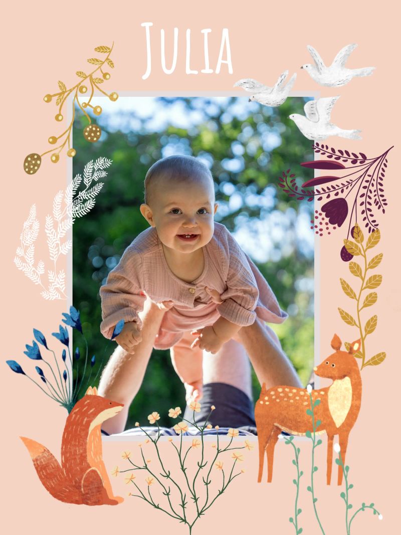 Personalized Baby Name Woodland Art: Fox, Deer, Flowers poster de Studio Patruschka