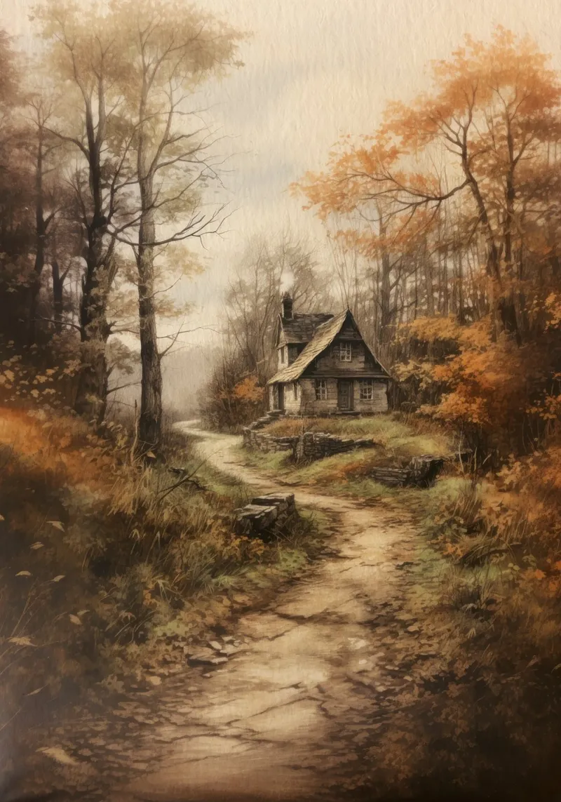 Cabane dans la forêt d'automne poster de Luna & Noctua