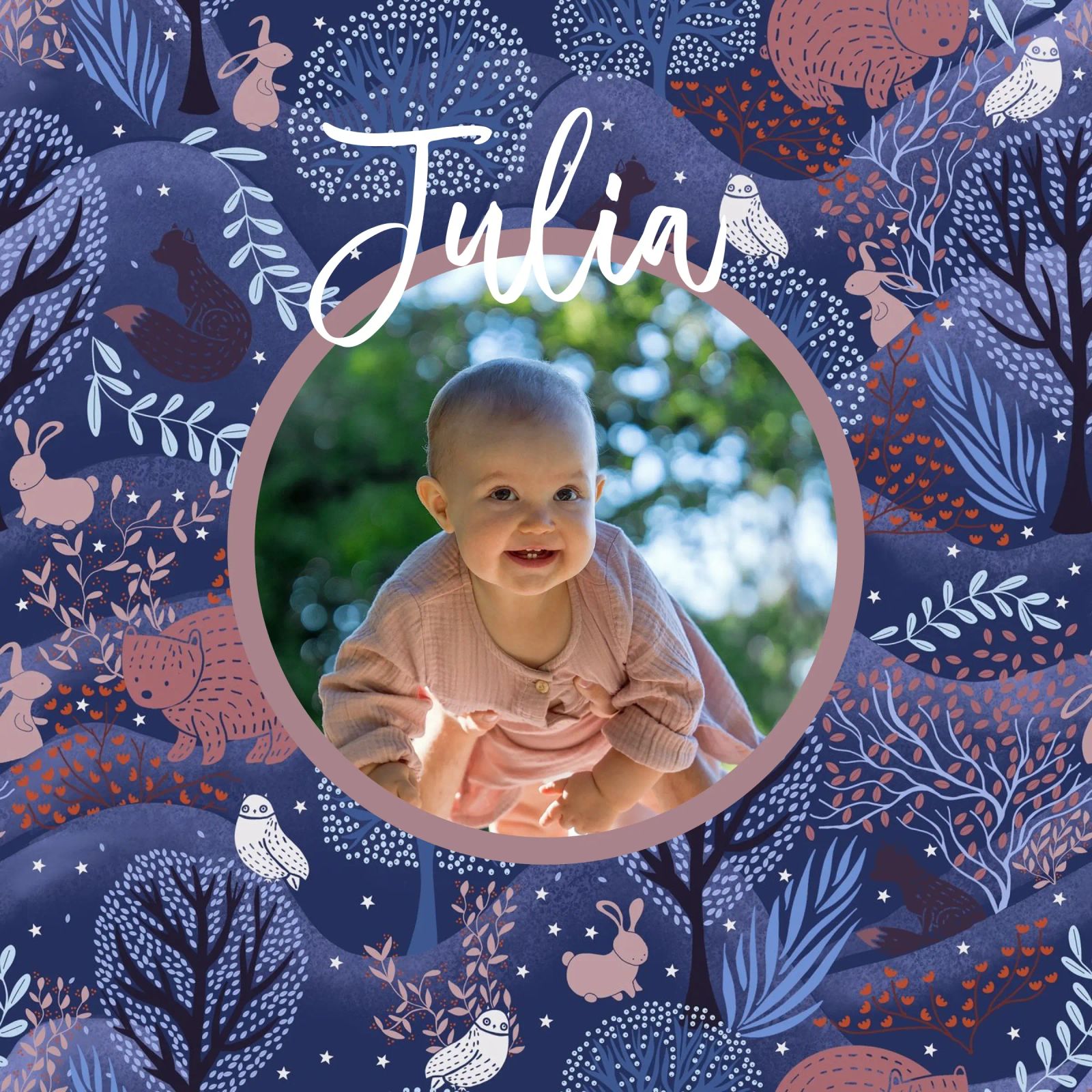 Personalisiertes Baby Name Foto Woodland Art: Kaninchen, Eule, Bär Poster von Studio Patruschka