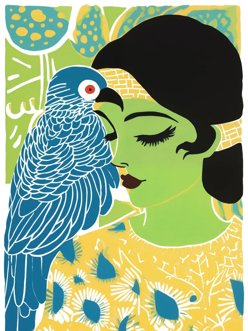 Donna verde con cacatua blu | Surrealismo tropicale poster con telaio in legno da Autofocus