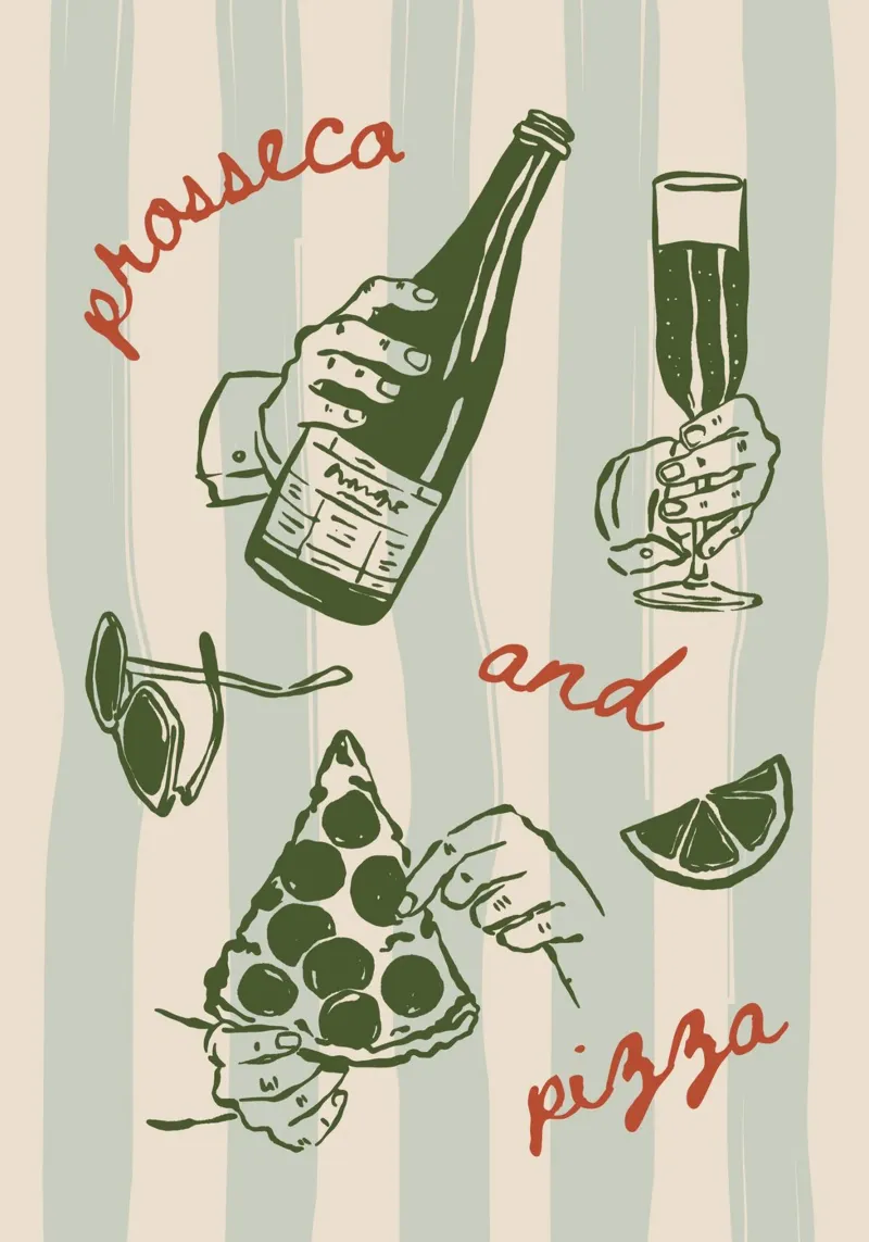 Boho Vacation 11 Prosecco and Pizza poster con telaio in legno da Boho Print Collection