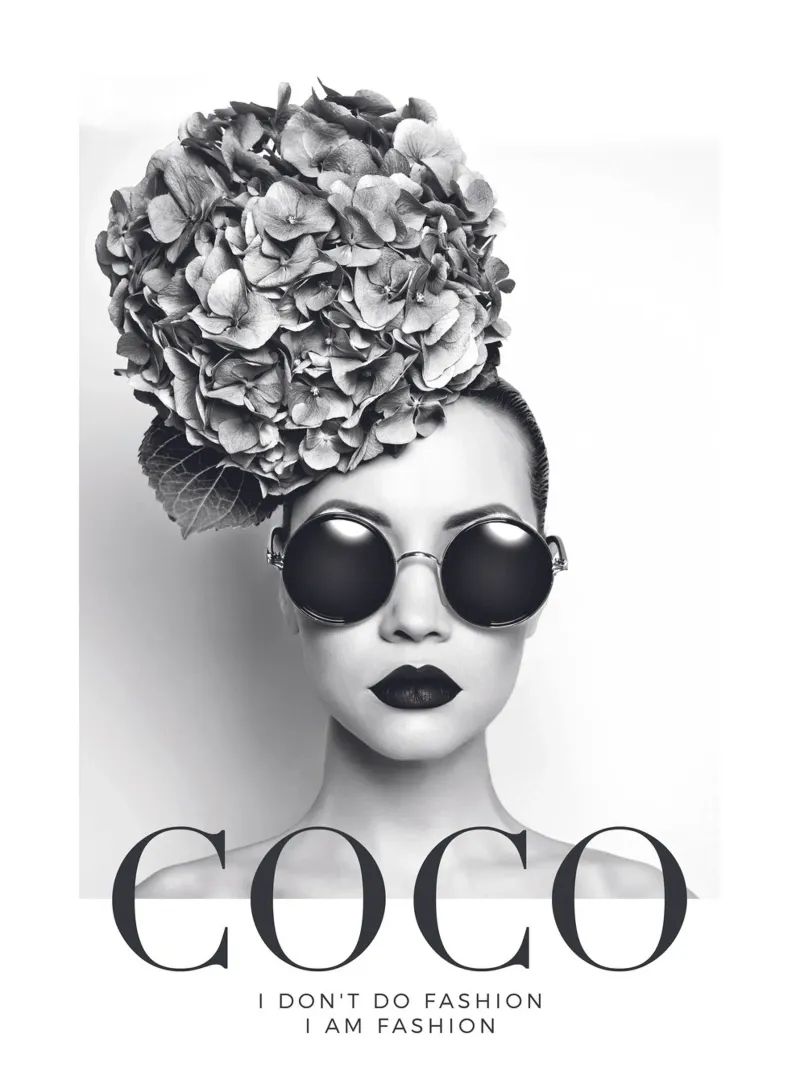 Black and white fashion art - Coco Fashion Statement poster with plastic frame by Whole©