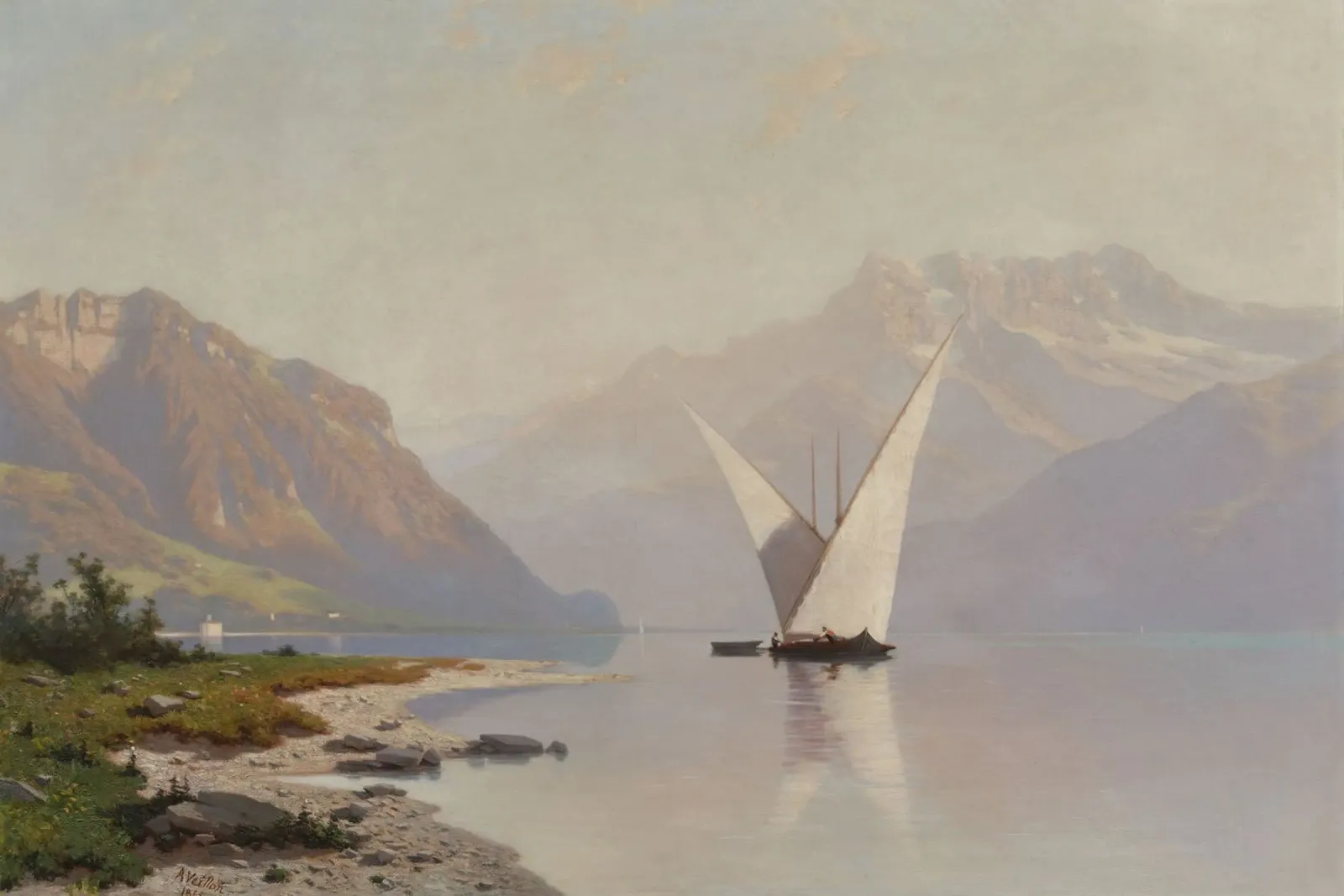 Auguste Louis Veillon: Zeilboot op het meer van Genève 1865 canvas met Baklijst van ARTOTHEK