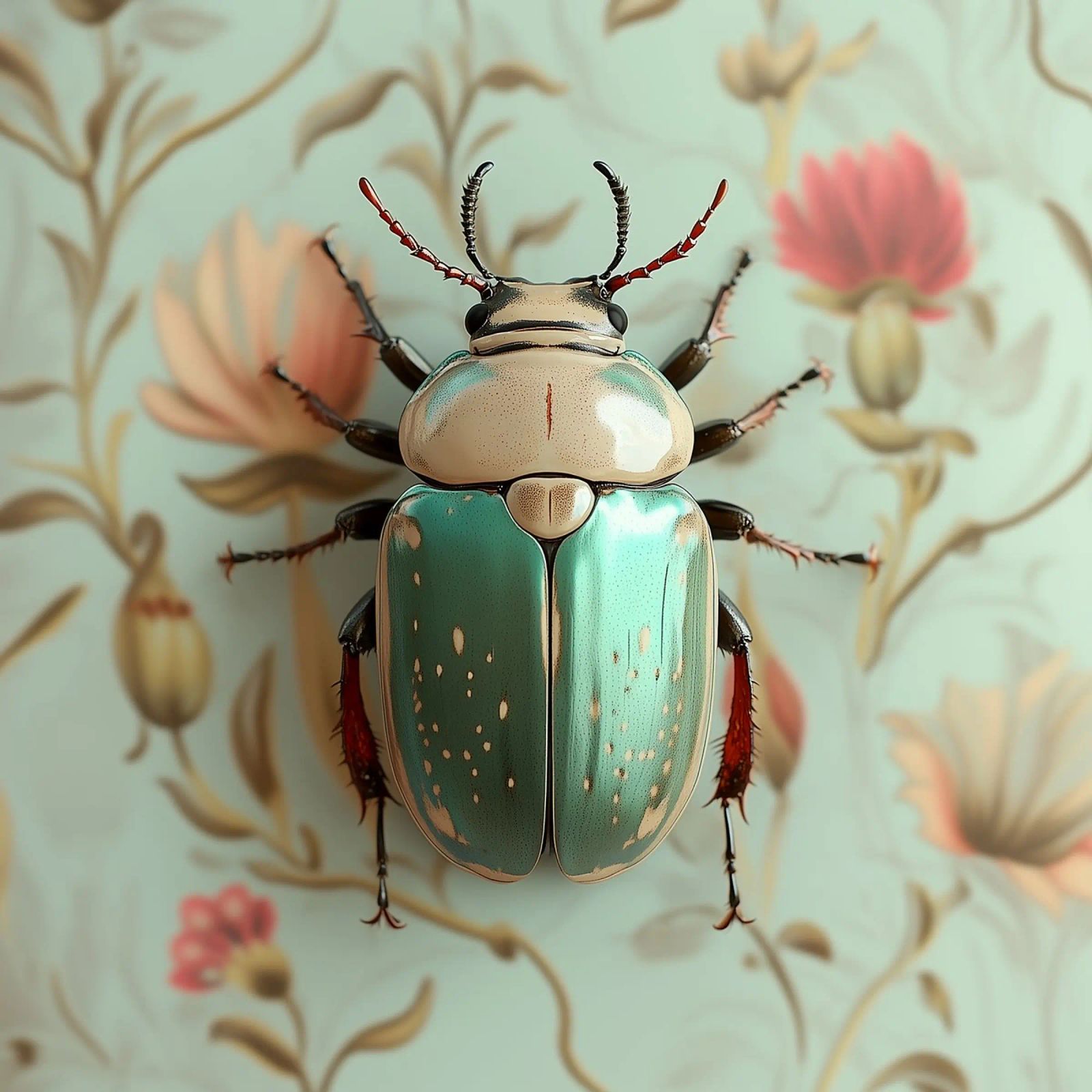 Turquoise beetle on floral wallpaper poster by Little Things