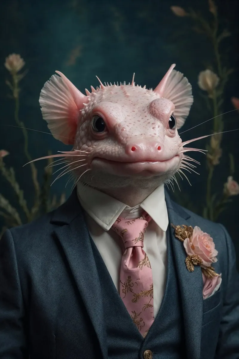 Ambrose the Dapper Axolotl – Elegant Underwater Portrait canvas with Floater frame by Beasts of Nobility