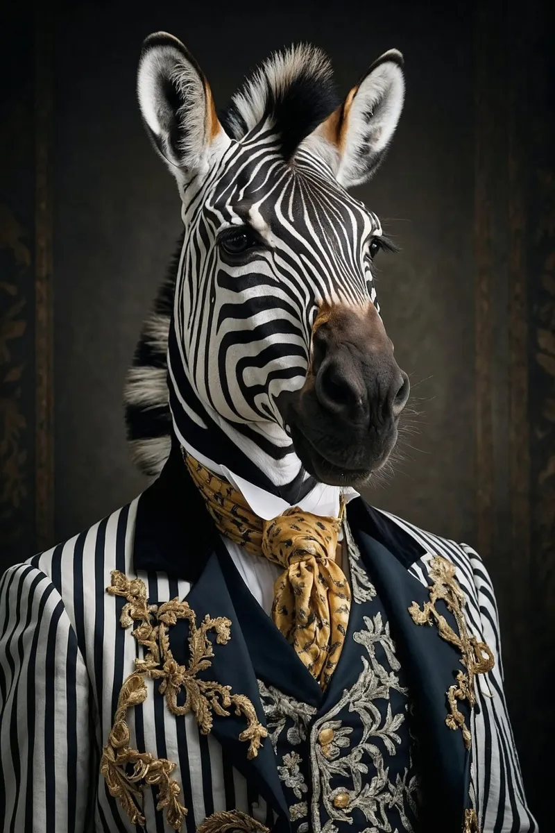 Baron Zayne - La zebra elegante con accenti dorati alluminio dibond da Beasts of Nobility