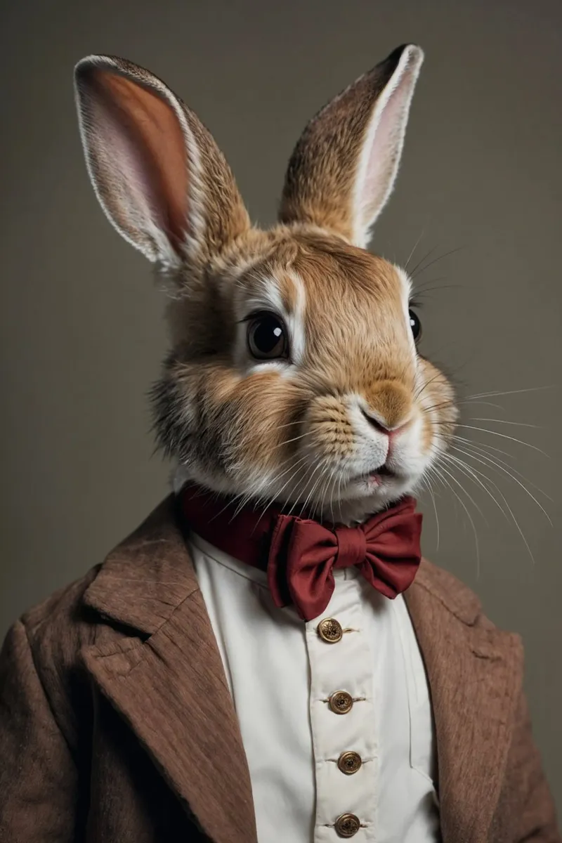 Lord Baxter – The Dapper Bunny in a Red Bow Tie canvas with Floater frame by Beasts of Nobility