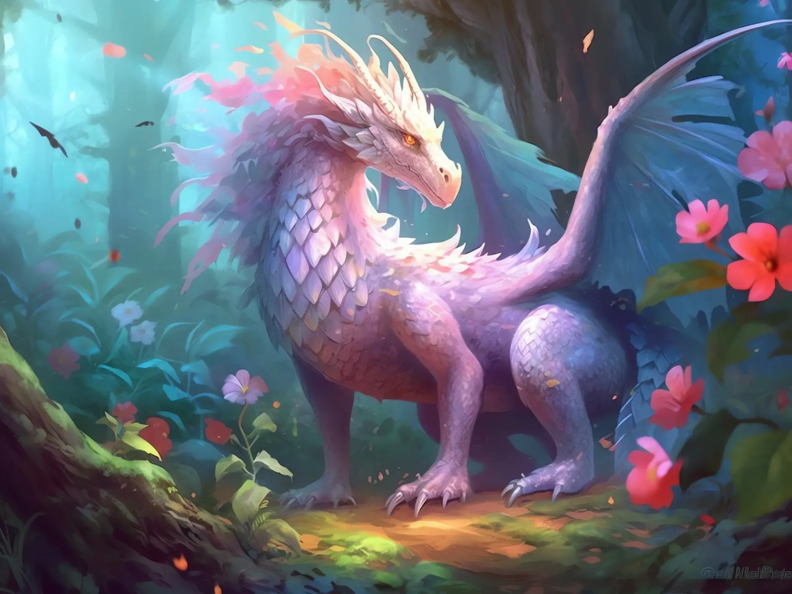 Dragon dans une forêt fleurie carta hahnemühle da Théïa's Fantasia World