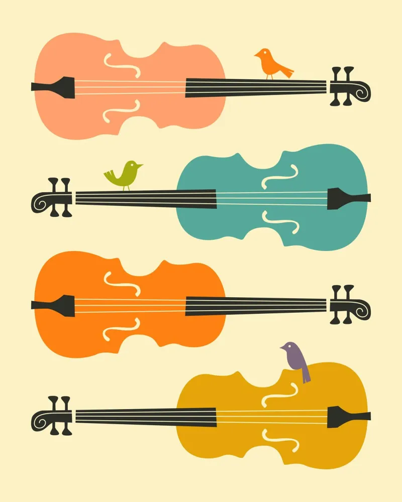 Pájaros en las cuerdas del violonchelo poster con marco de aluminio de Jazzberry Blue