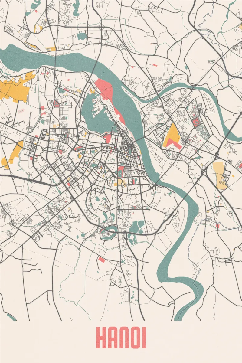Scoprire Hanoi - Mappa minimalista della città | Stampa fineArt poster con telaio in legno da MOOODZART