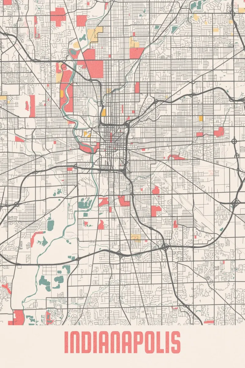 Ontdek Indianapolis - Stijlvolle stadsplattegrond als kunstdruk canvas met Baklijst van MOOODZART