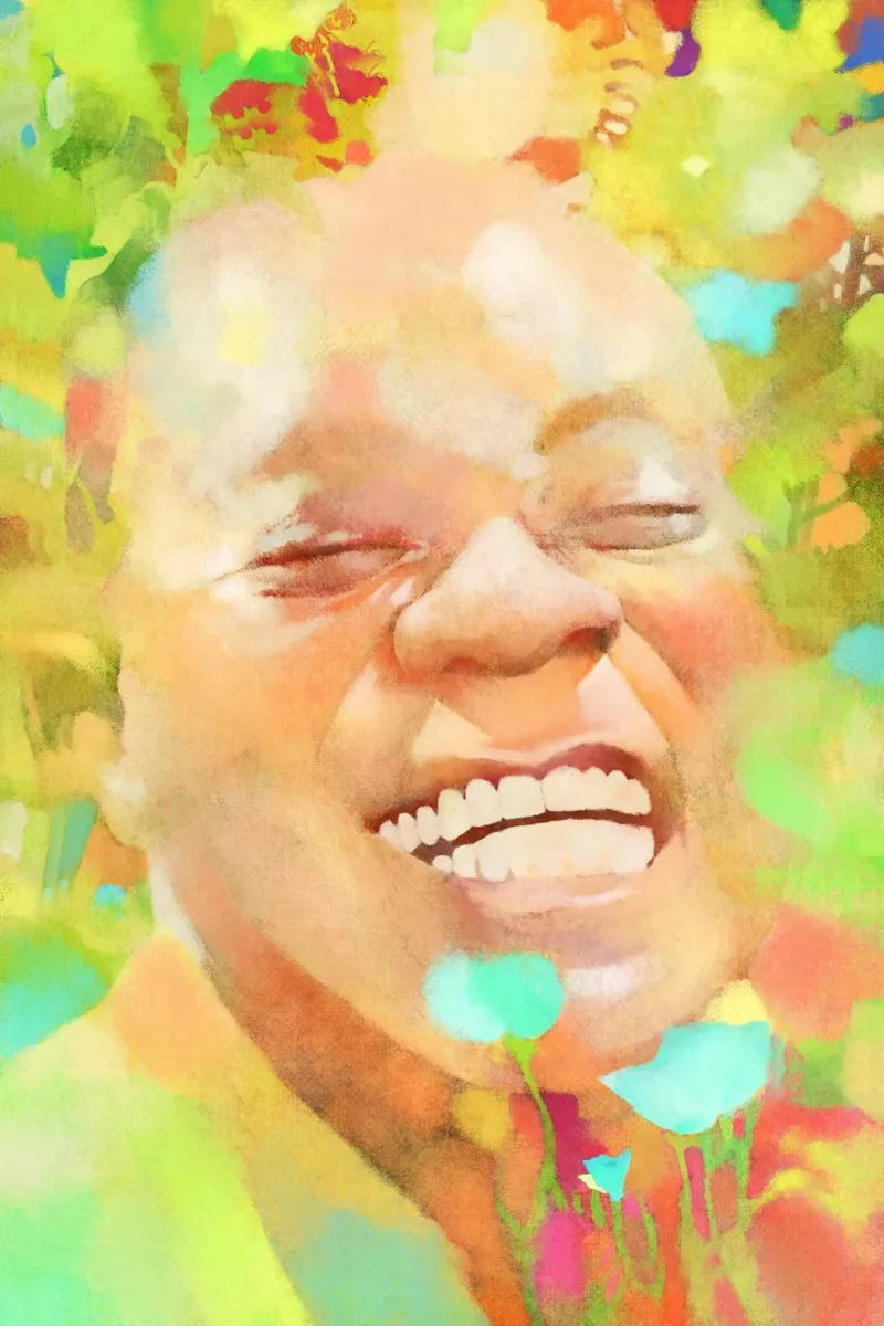 Louis Armstrong - Innovatore gioioso poster con telaio in alluminio da Artascy Art