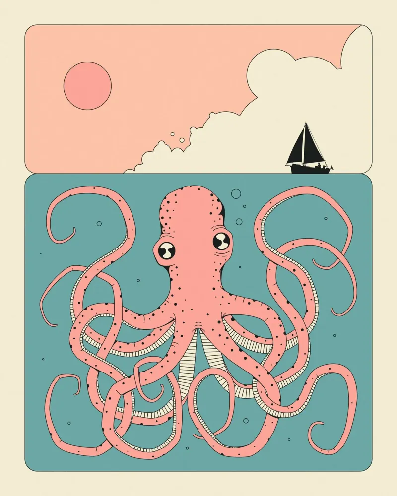 Polpo rosa poster con telaio in legno da Jazzberry Blue