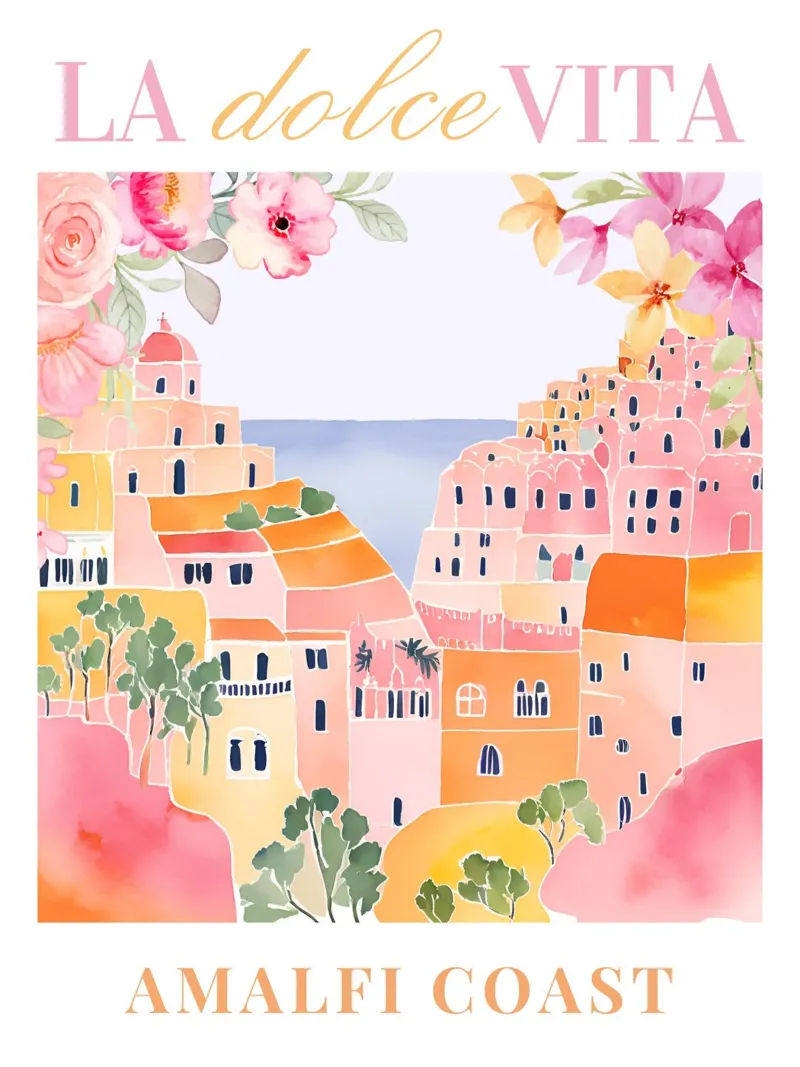 Amalfi Coast Pink Print poster met houten frame van Bella Studio