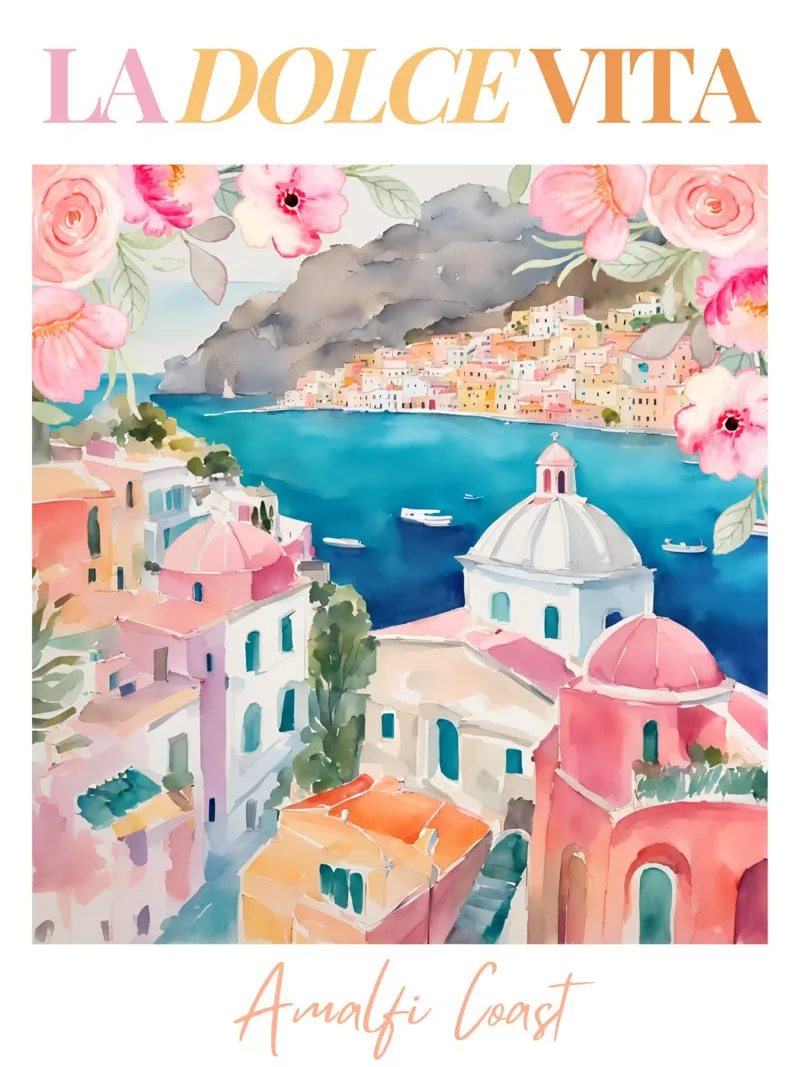 Amalfi Coast, Travel Poster, Positano, La Dolce Vita poster con telaio in plastica da Bella Studio