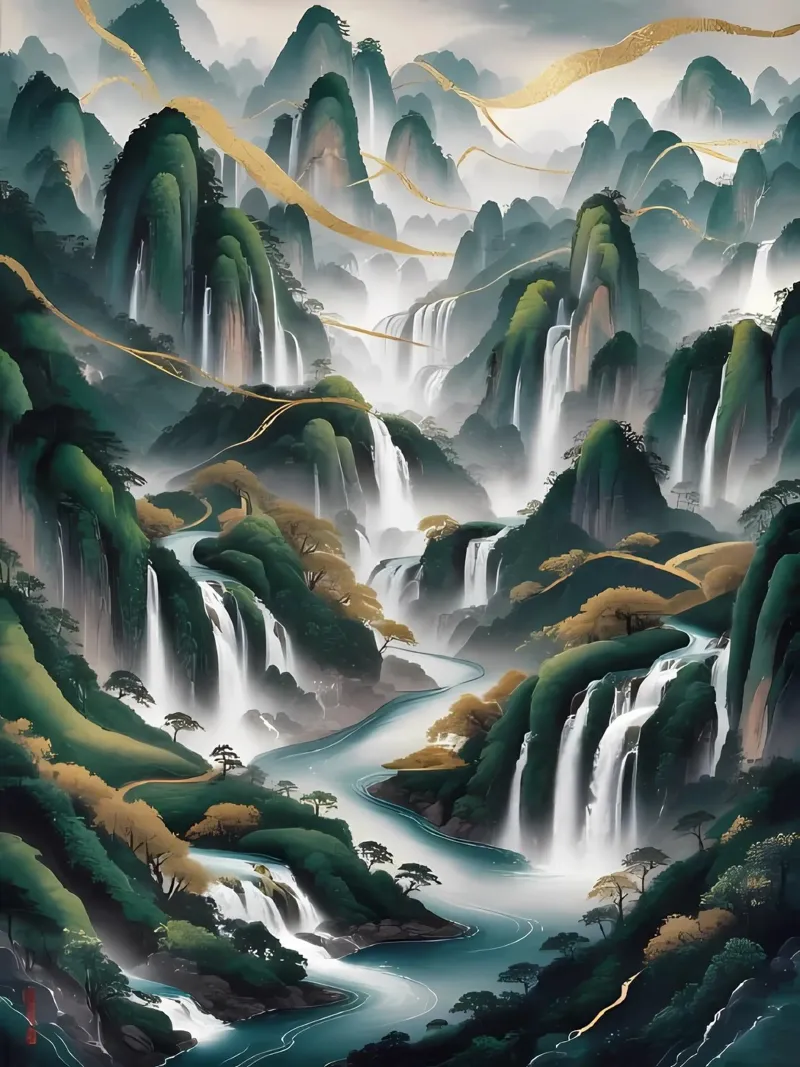 Cascate serene: un'armonia d'oro pellicola backlit da Artistic-shop