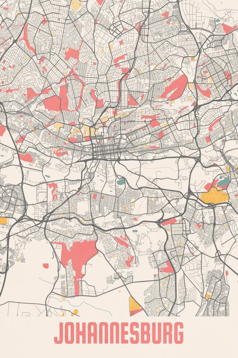 Descubra Johannesburgo - mapa moderno de la ciudad como impresión artística poster con marco de madera de MOOODZART