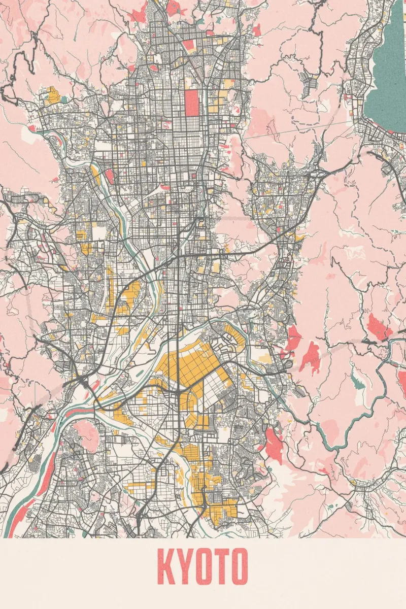 Ontdek Kyoto - Stijlvolle stadsplattegrond als fine art print poster met kunststof frame van MOOODZART