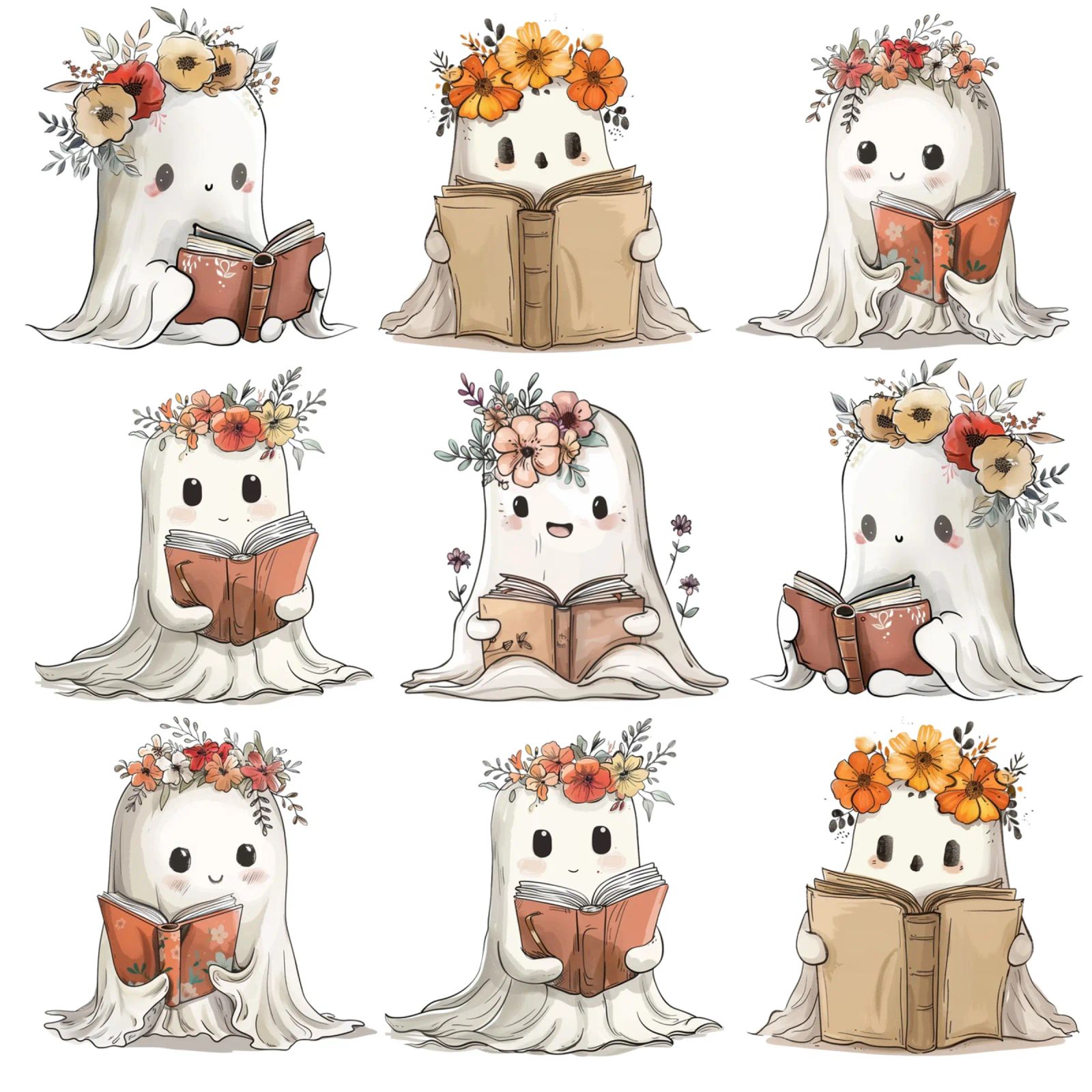 Simpáticos fantasmitas con libros en las manos - Lectura de Halloween hahnemühle de Wunderbarwir