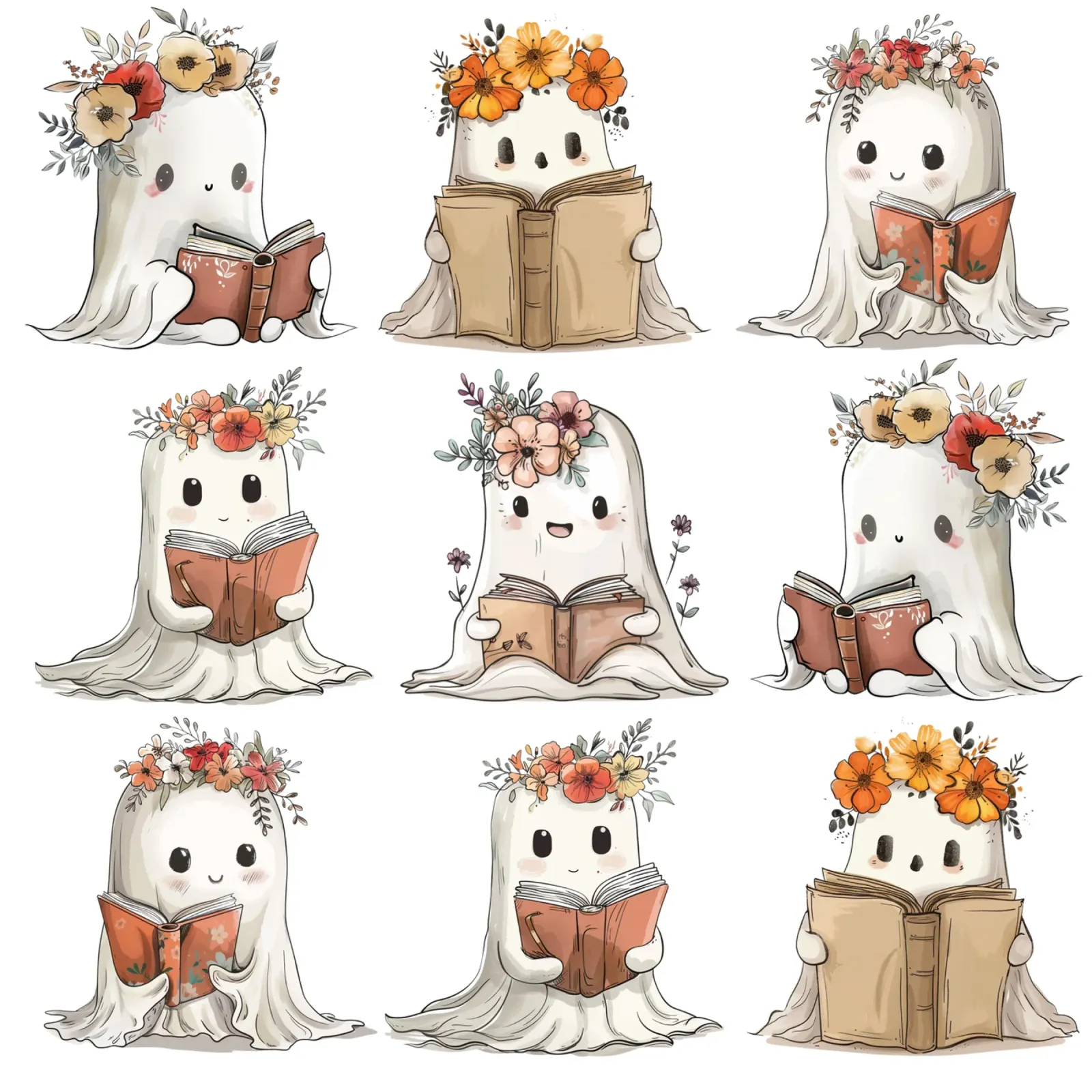Mignons petits fantômes tenant des livres - Lecture d'Halloween poster avec cadre en bois de Wunderbarwir
