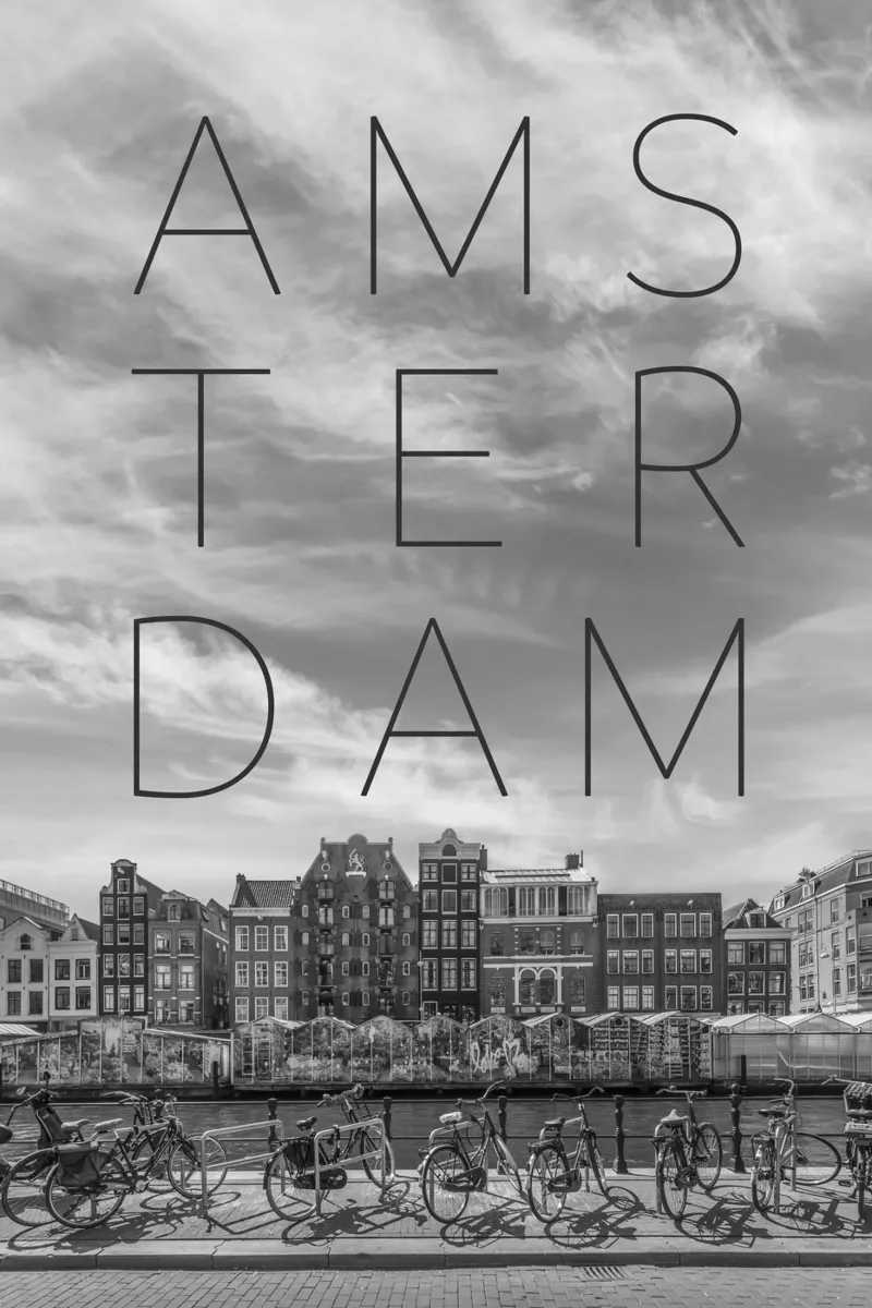 AMSTERDAM Singel con mercato dei fiori | Testo & Skyline plexiglass da Melanie Viola