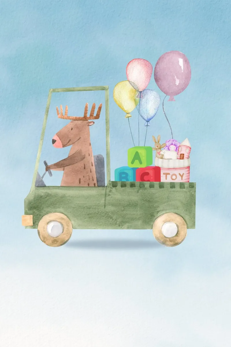 Un renne dans une aventure de jouets poster avec cadre en aluminium de Doodle Dreams Art